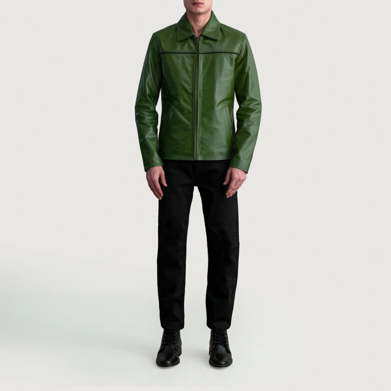 Mens Mystical Green Leather Jacket Full Length-2-1724140200860